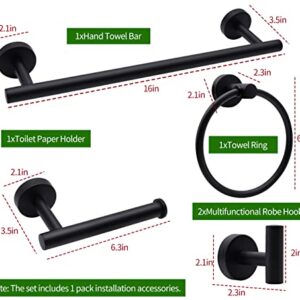 Bathroom Hardware Set, 5/10/20pcs Bathroom Hardware Set, Stainless Steel Bath Hardware Set Including 16" Hand Towel Bars, Toilet Paper Holders, Towel Rings, Robe Towel Hooks (5pcs, Black) - Image 3